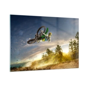 Obraz na szkle - Motocyklista w akcji na tle zachodzącego słońca - 100x70cm - Włącz emocje! - Nowoczesna dekoracja ścienna do salonu, kuchni i sypialni ARTTOR