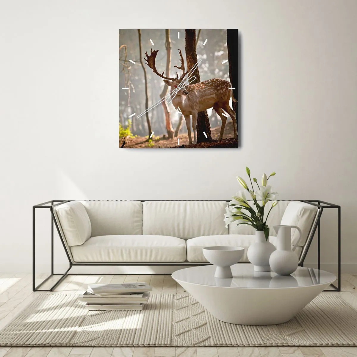 Zegar ścienny - Jeleń w lesie w porannej mgle - 30x30cm - Światło młodości - Nowoczesna dekoracja ścienna do salonu i sypialni ARTTOR