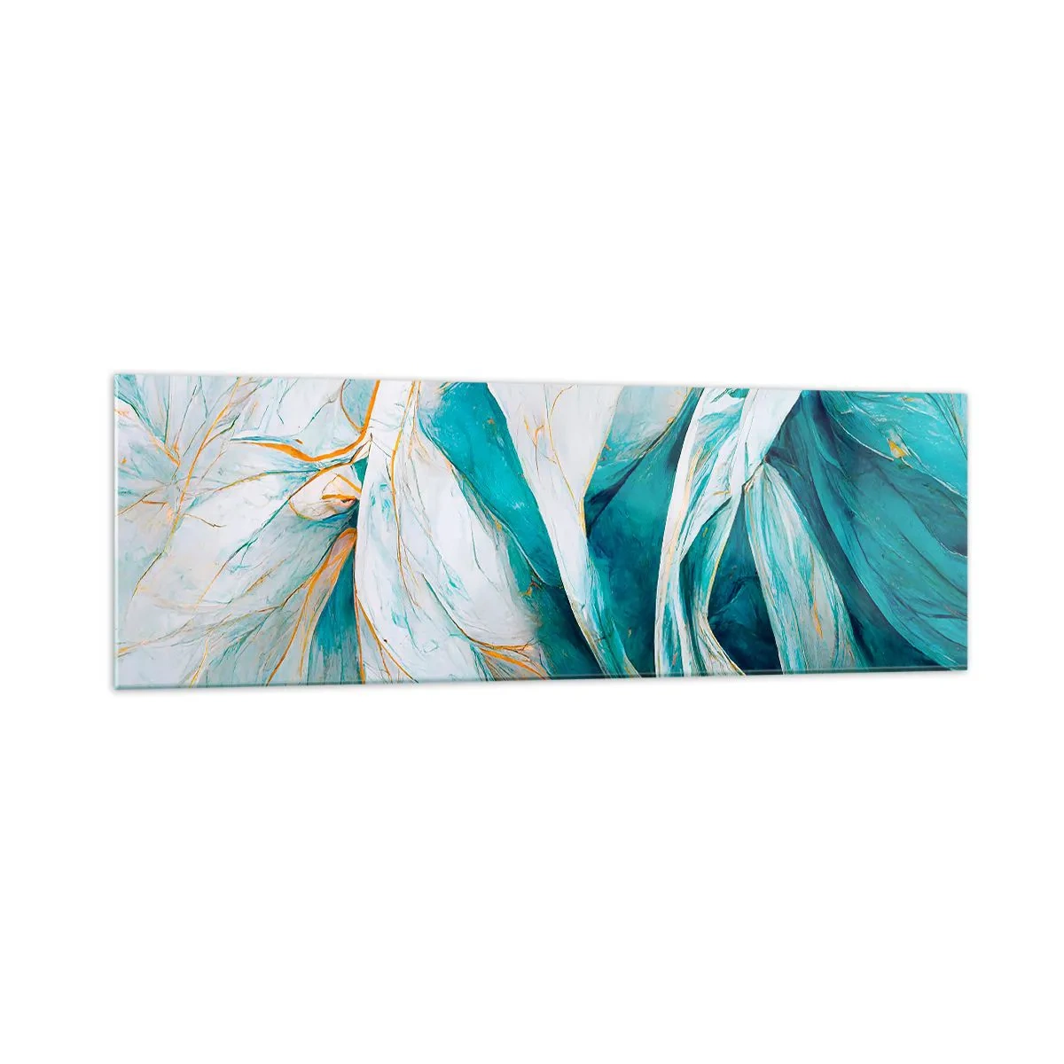 Obraz na szkle - Abstrakcyjne błękitne liście ze złotymi detalami - 160x50cm - Błękitna abstrakcja z motywem złota - Nowoczesna dekoracja ścienna do salonu i sypialni ARTTOR