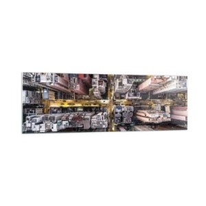 Obraz na szkle - Widok z lotu ptaka na miasto pełne drapaczy chmur - 160x50cm - Pozdrowienia z Hongkongu - Nowoczesna dekoracja ścienna do salonu i sypialni ARTTOR