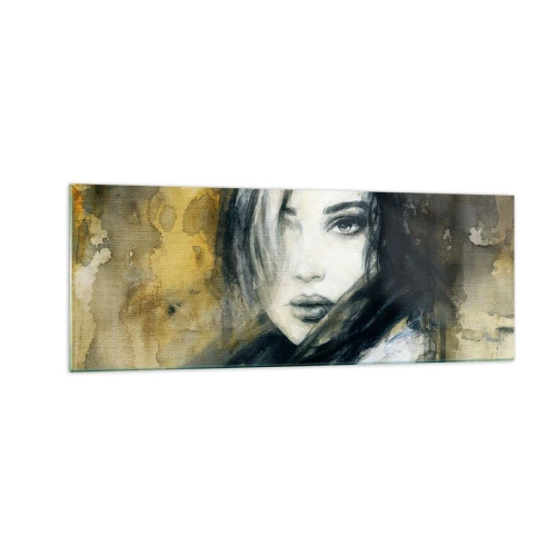 Obraz na szkle - Portret kobiety na tle abstrakcyjnych plam w odcieniach beżu - 140x50cm - bardziej niewinna czy zmysłowa? - Nowoczesna dekoracja ścienna do salonu i sypialni ARTTOR