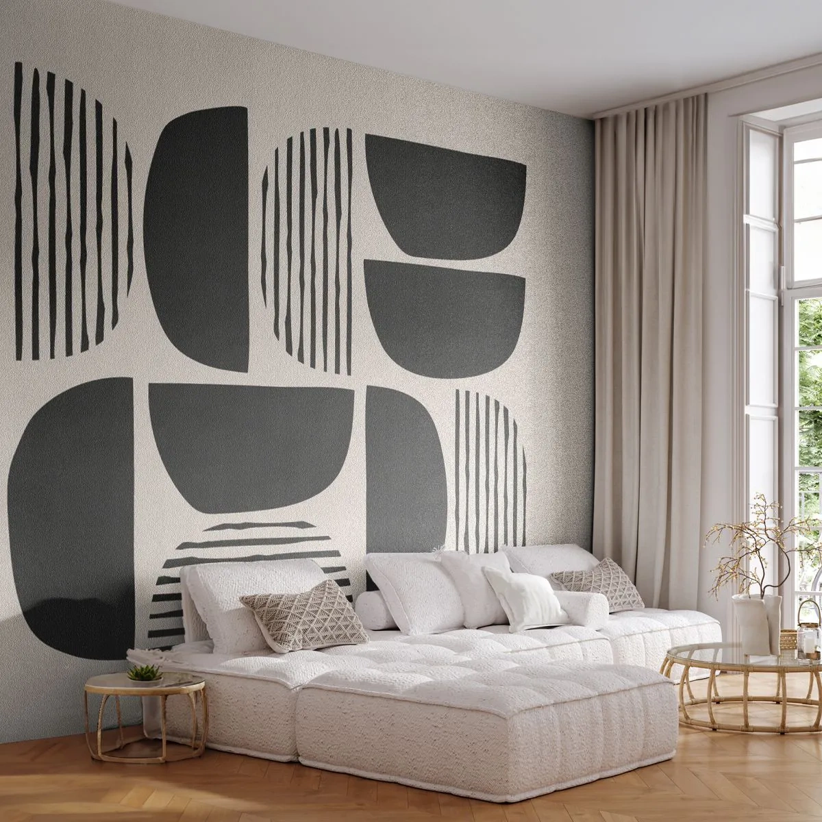 Fototapeta Premium Sand - Czarne półkola i linie w geometrycznym układzie - 100x70cm - Połowiczne układy - Nowoczesna dekoracja ścienna do salonu, kuchni i sypialni ARTTOR