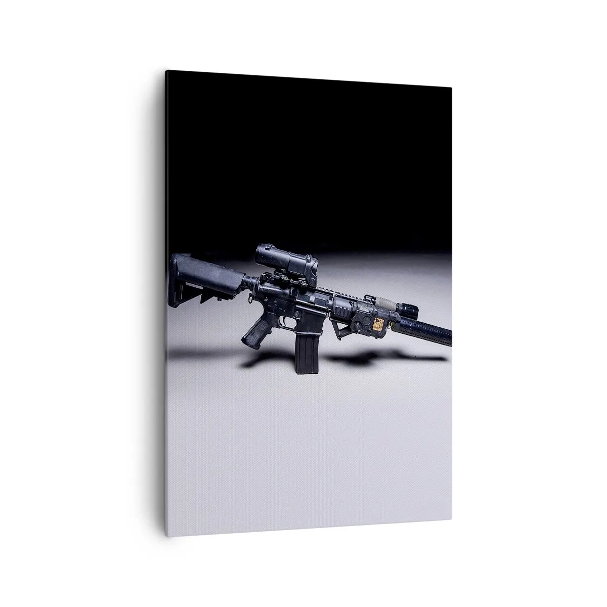 Obraz na płótnie - Nowoczesny karabin w czarnym kolorze na ciemnym tle - 70x100cm - Mroczny rycerz - Nowoczesna dekoracja ścienna do salonu i sypialni ARTTOR