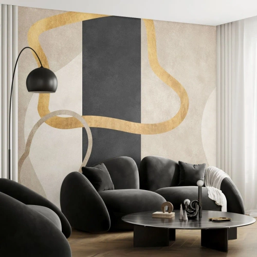 Fototapeta Premium Sand - Złote i beżowe linie na tle czarno-kremowej kompozycji - 100x70cm - Kształty zapętlone - Nowoczesna dekoracja ścienna do salonu, kuchni i sypialni ARTTOR
