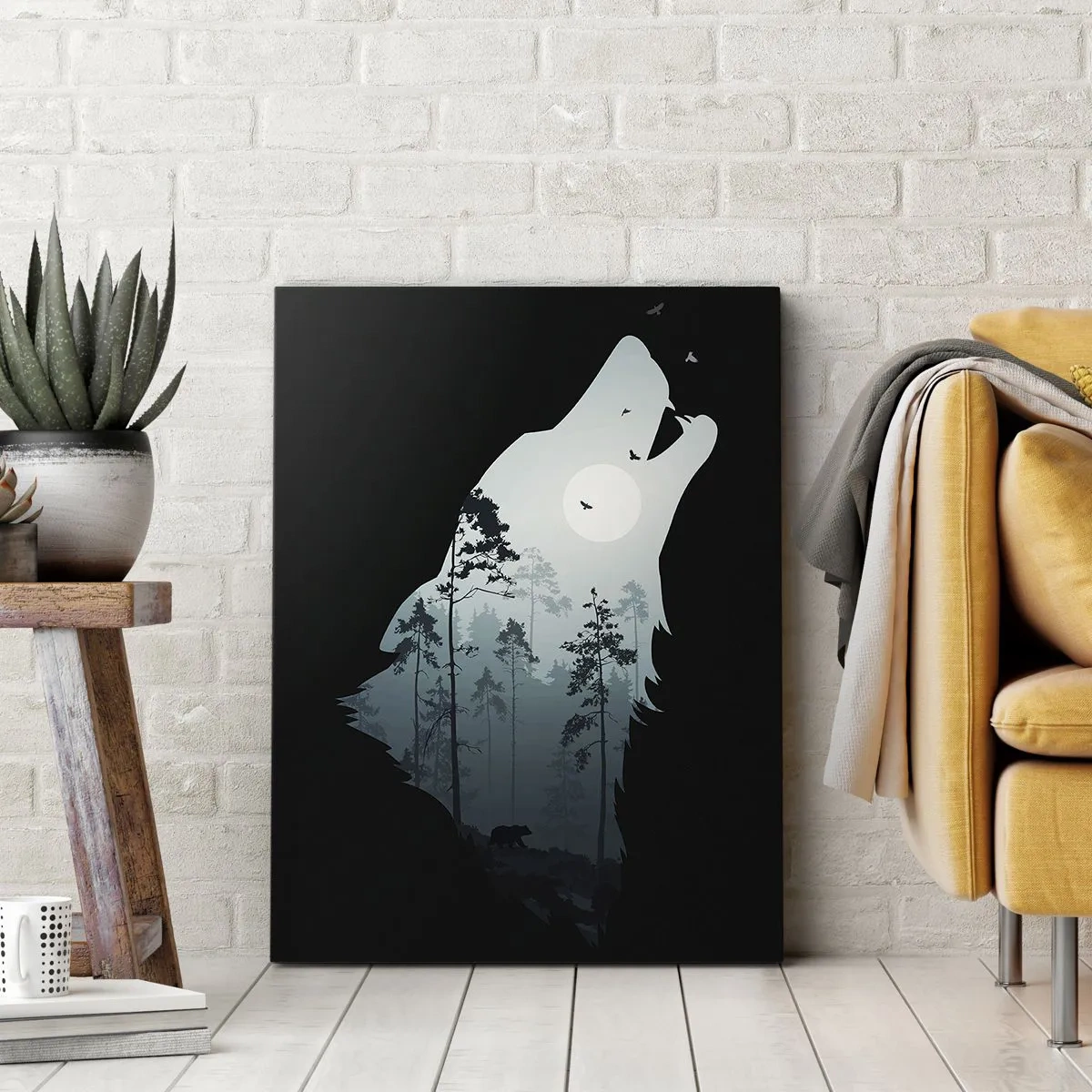 Obraz na płótnie - Silhouette wilka z lasem i księżycem w tle - 70x100cm - Głos leśnej nocy - Nowoczesna dekoracja ścienna do salonu i sypialni ARTTOR