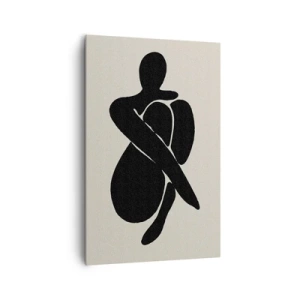 Obraz na płótnie - Minimalistyczna sylwetka osoby w abstrakcyjnej pozie na jasnym tle - 80x120cm - We własnych objęciach - Nowoczesna dekoracja ścienna do salonu i sypialni ARTTOR