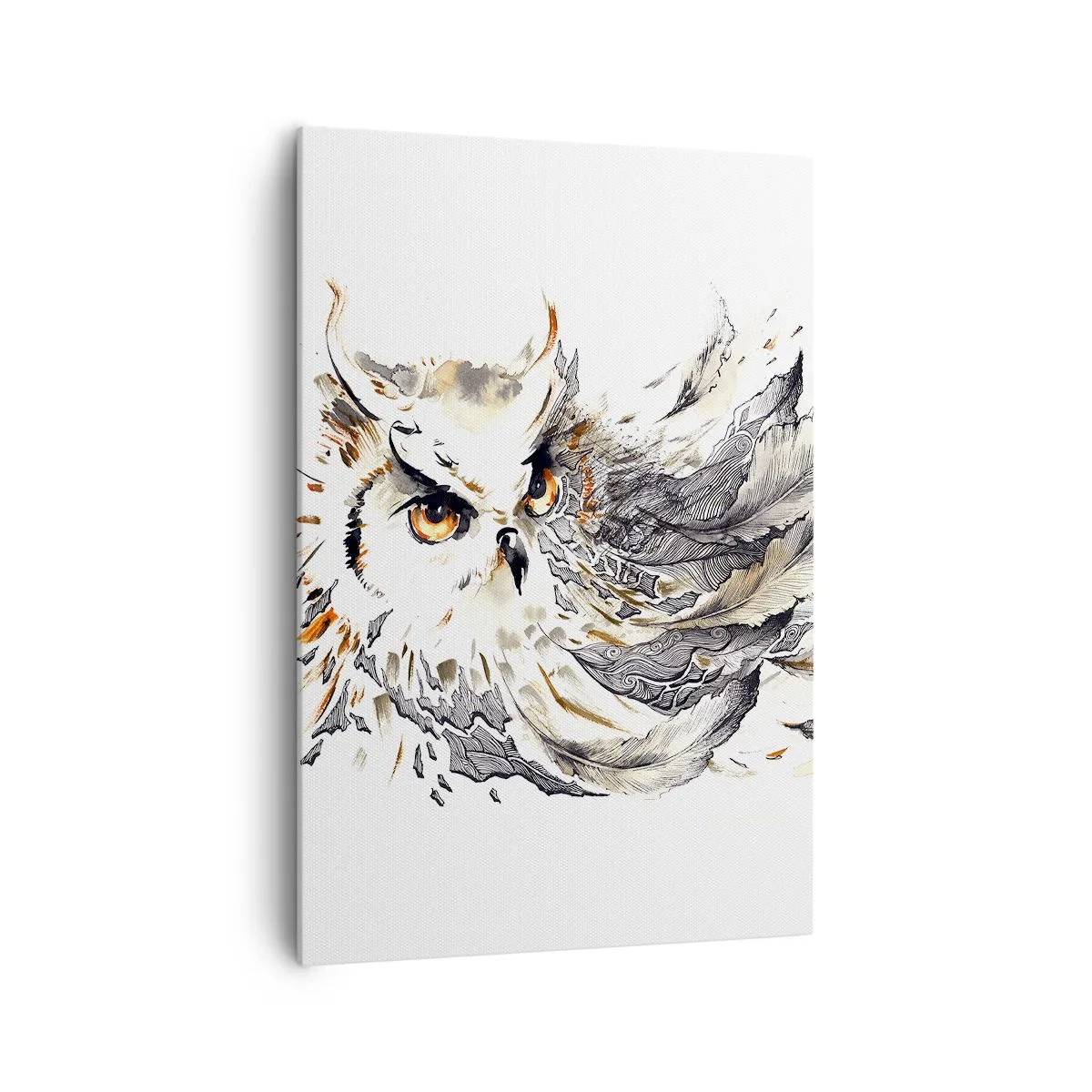 Obraz na płótnie - Sowa z mistycznymi piórami w artystycznej formie akwareli - 70x100cm - Przybyła ze świata magii - Nowoczesna dekoracja ścienna do salonu i sypialni ARTTOR