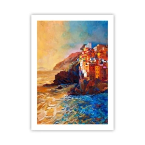 Plakat - Kolorowe budynki nad klifem i morzem o zachodzie słońca - 50x70cm - Włoskie klimaty - Nowoczesna dekoracja ścienna do salonu, kuchni i sypialni ARTTOR