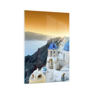 Obraz na szkle - Widok na Santorini z białymi budynkami i błękitnym morzem - 70x100cm - Santorini - przytulone do skał - Nowoczesna dekoracja ścienna do salonu i sypialni ARTTOR