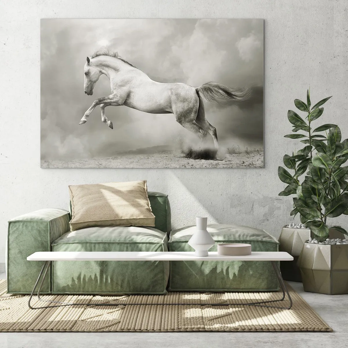 Obraz na szkle - Biały koń w skoku na tle chmur - 70x50cm - Między jawą a snem - Nowoczesna dekoracja ścienna do salonu i sypialni ARTTOR