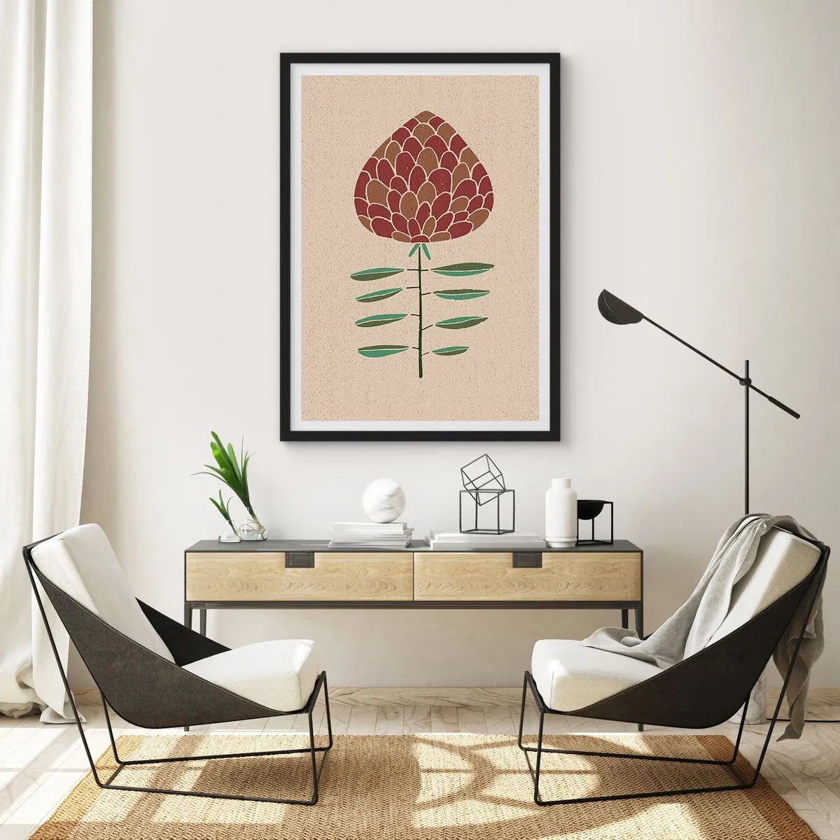 Plakat w czarnej ramie - Abstrakcyjny kwiat w ciepłych barwach na beżowym tle - 50x70cm - Jak wielka szycha - Nowoczesna dekoracja ścienna do salonu i sypialni ARTTOR