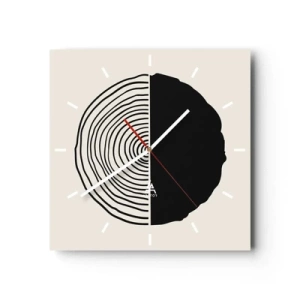 Zegar ścienny - Abstrakcyjny czarno-biały motyw inspirowany przekrojem drewna z geometrycznym podziałem - 30x30cm - Pół na pół - Nowoczesna dekoracja ścienna do salonu i sypialni ARTTOR