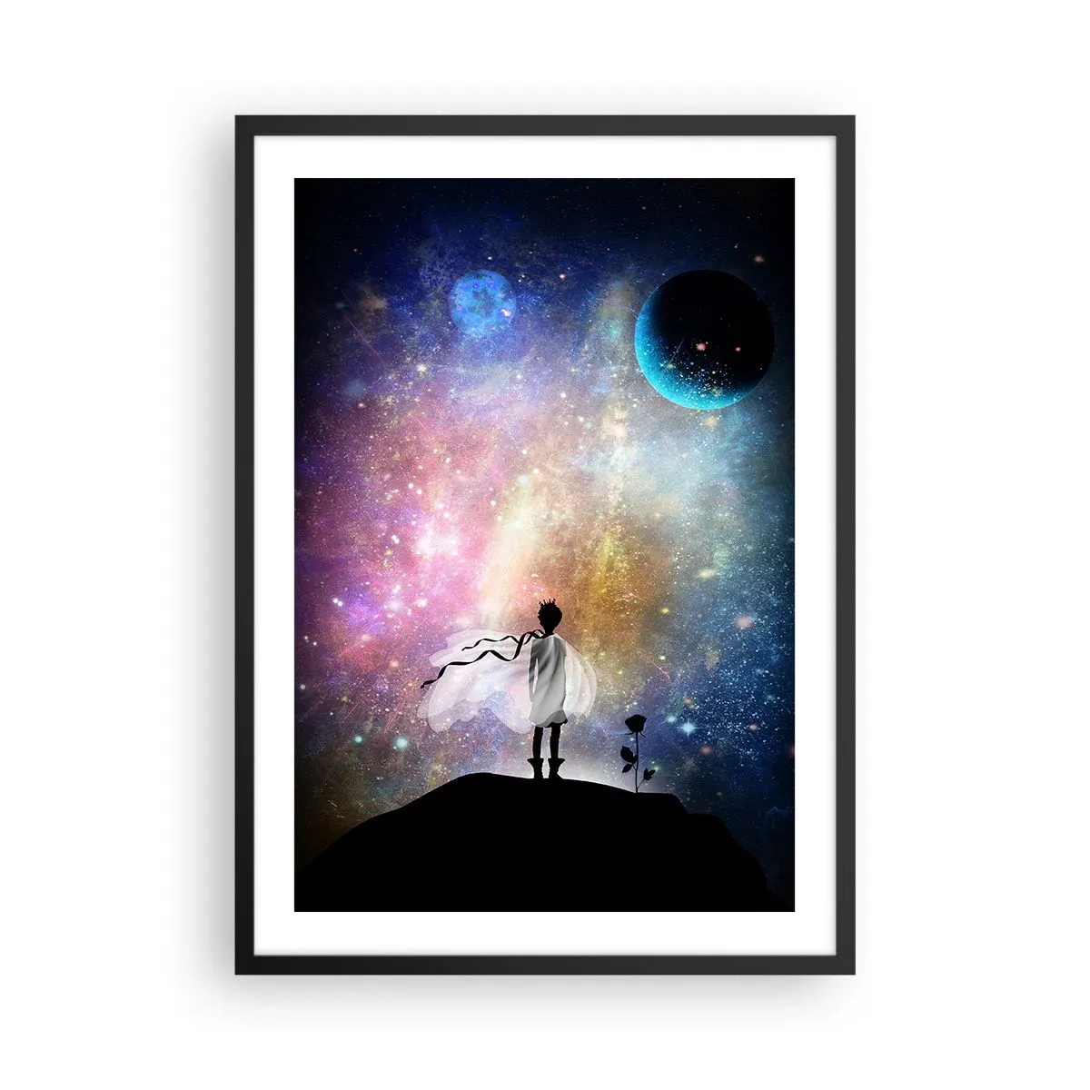 Plakat w czarnej ramie - Fantastyczna scena kosmiczna z sylwetką postaci i różą - 50x70cm - Mały Książę - Nowoczesna dekoracja ścienna do salonu i sypialni ARTTOR