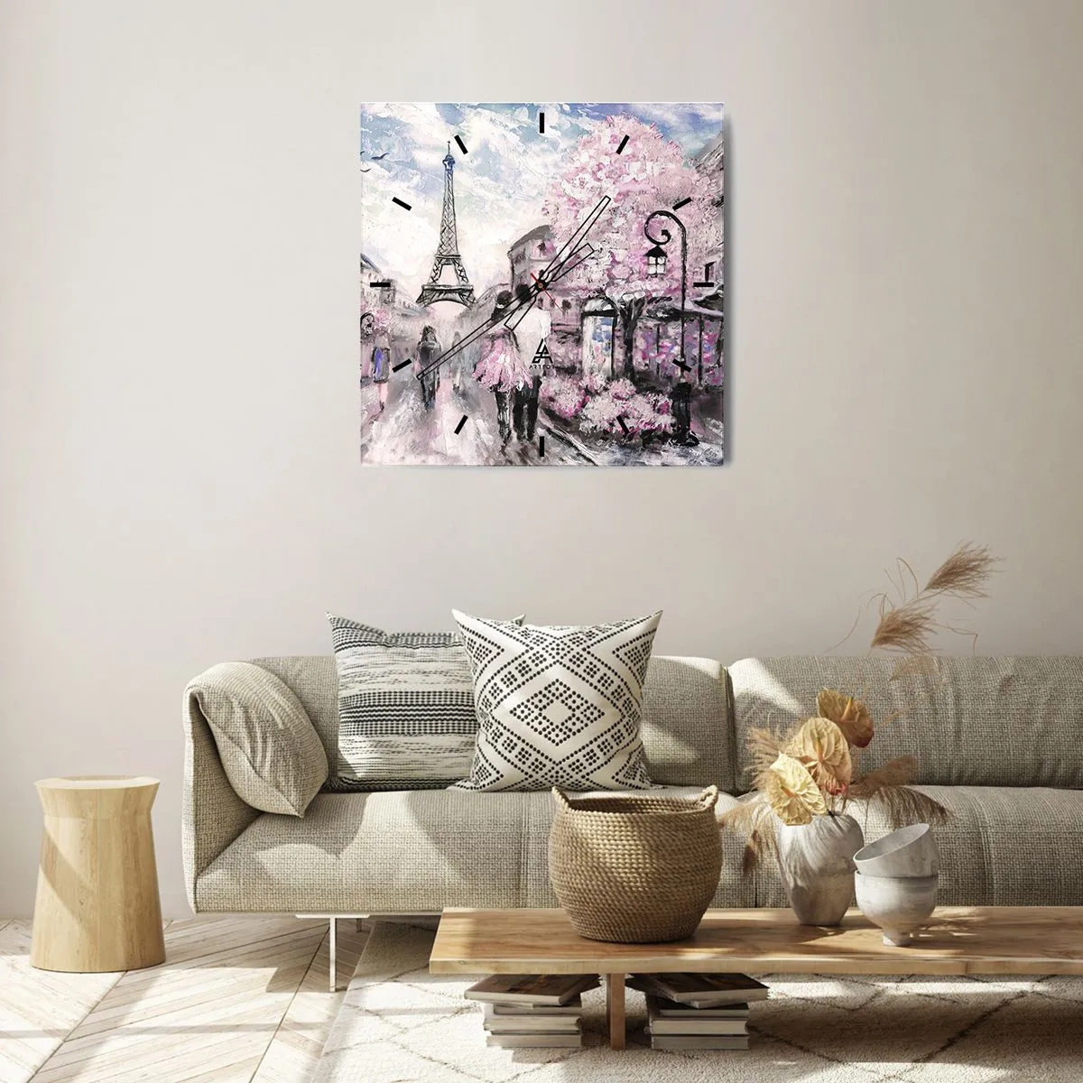 Zegar ścienny - Romantyczny spacer w Paryżu przy Wieży Eiffla - 30x30cm - Jak zakochac się, to tylko w… - Nowoczesna dekoracja ścienna do salonu i sypialni ARTTOR