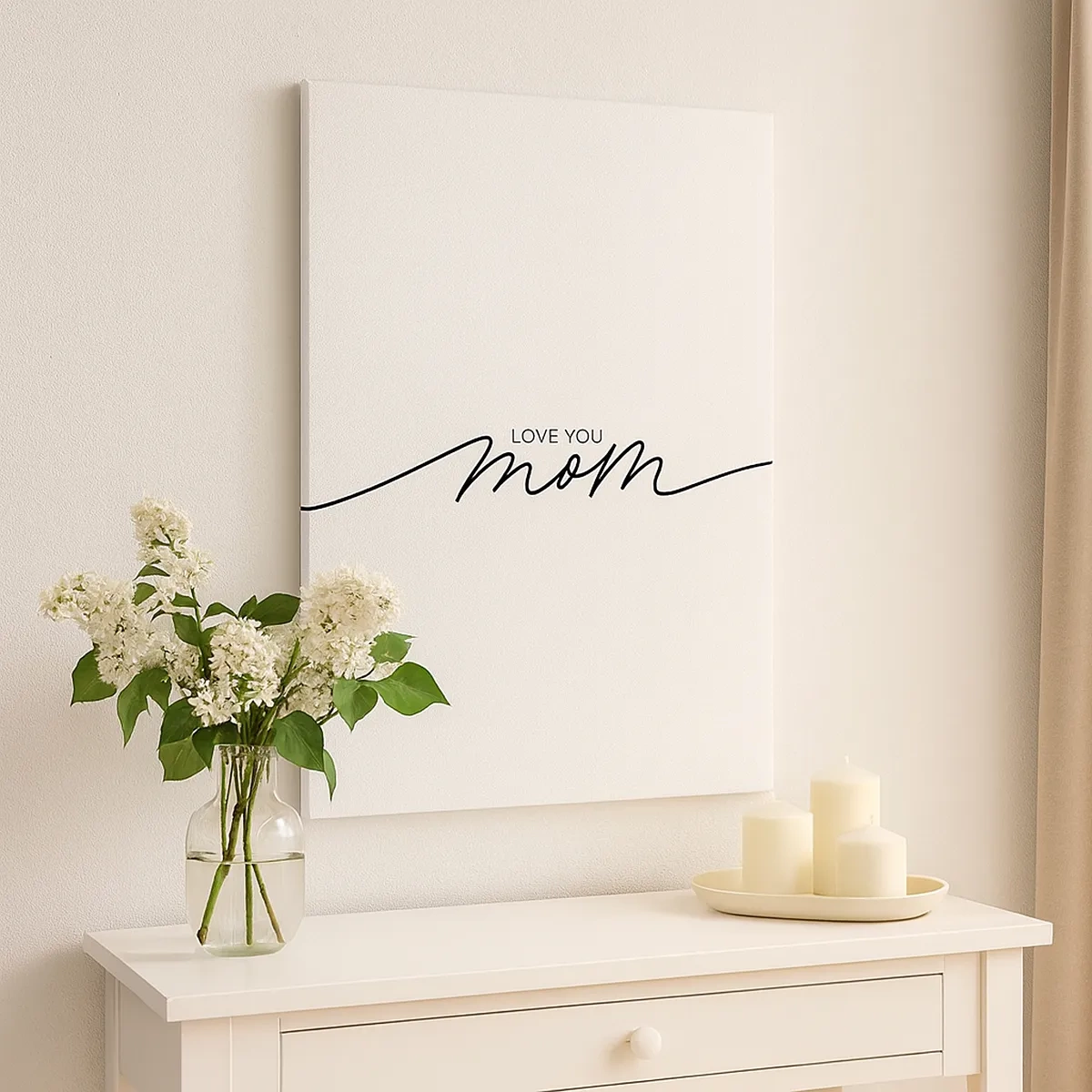 Obraz na płótnie - Napis 'Love you mom' na białym tle w minimalistycznym stylu - 50x70cm - Wielkie wzruszenie - Nowoczesna dekoracja ścienna do salonu, kuchni i sypialni ARTTOR