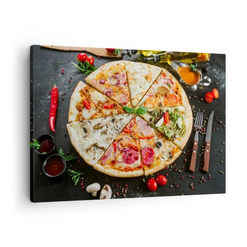 Obraz na płótnie - Pizza w różnych smakach na tle z dodatkami - 70x50cm - Wachlarz smaków - Nowoczesna dekoracja ścienna do salonu i sypialni ARTTOR