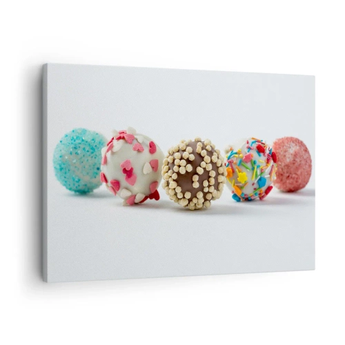 Obraz na płótnie - Kolorowe praliny z dekoracjami na białym tle - 70x50cm - Życie może być słodkie - Nowoczesna dekoracja ścienna do salonu i sypialni ARTTOR