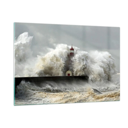 Obraz na szkle - Latarnia morska otoczona potężnymi falami - 120x80cm - Gniew oceanu - Nowoczesna dekoracja ścienna do salonu, kuchni i sypialni ARTTOR