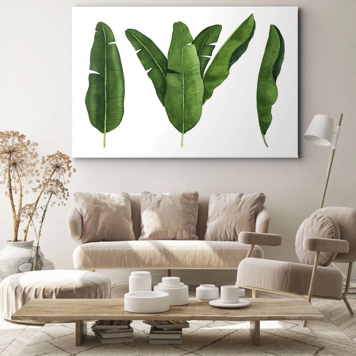 Obraz na płótnie - Trzy liście bananowca w artystycznym ujęciu - 70x50cm - Zielona symetria - Nowoczesna dekoracja ścienna do salonu i sypialni ARTTOR