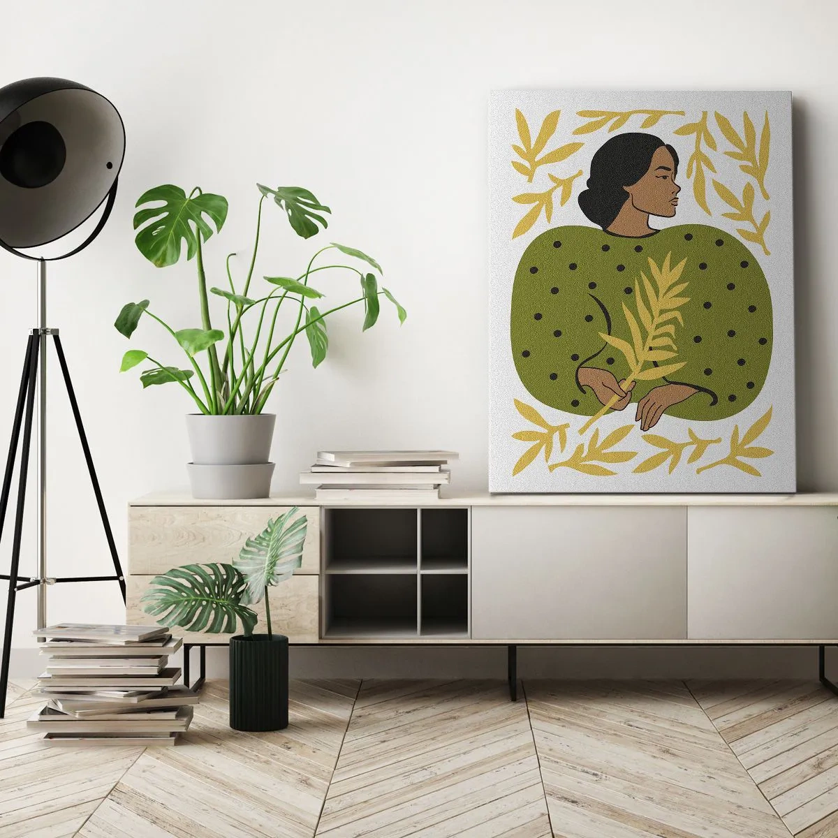 Obraz na płótnie - Kobieta w zielonej sukni z liściastym motywem na jasnym tle - 50x70cm - Hawajska dziewczyna - Nowoczesna dekoracja ścienna do salonu, kuchni i sypialni ARTTOR