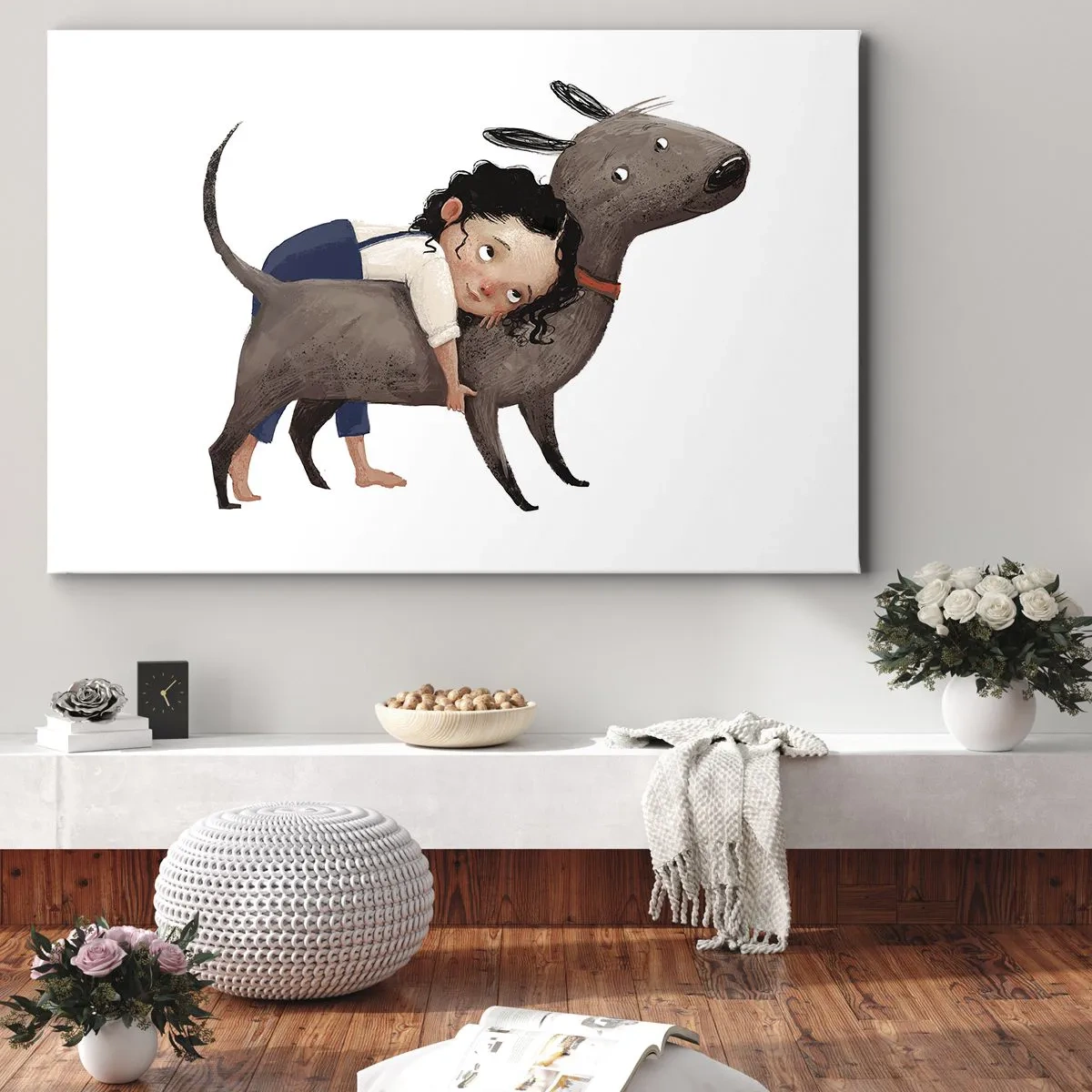 Obraz na płótnie - Ilustracja dziecka przytulającego psa w rysunkowym stylu - 120x80cm - Najlepsi przyjaciele - Nowoczesna dekoracja ścienna do salonu, kuchni i sypialni ARTTOR