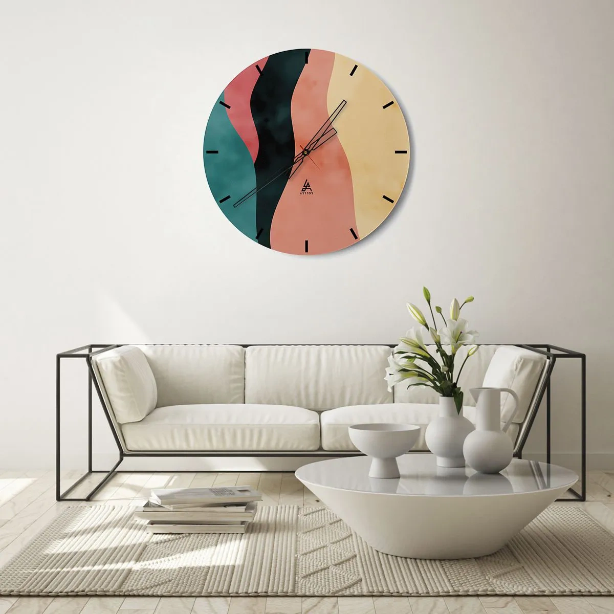 Zegar ścienny - Kolorowe faliste pasy w odcieniach turkusu, czerni, różu i żółci - 30x30cm - Zgodna niezgodność - Nowoczesna dekoracja ścienna do salonu, kuchni i sypialni ARTTOR