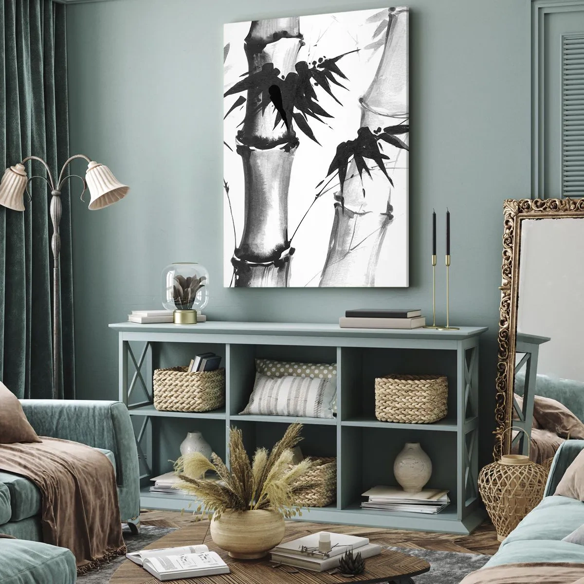 Obraz na płótnie - Akwarelowy bambus w japońskim stylu na białym tle - 70x100cm - Zbliżenie na orient - Nowoczesna dekoracja ścienna do salonu i sypialni ARTTOR