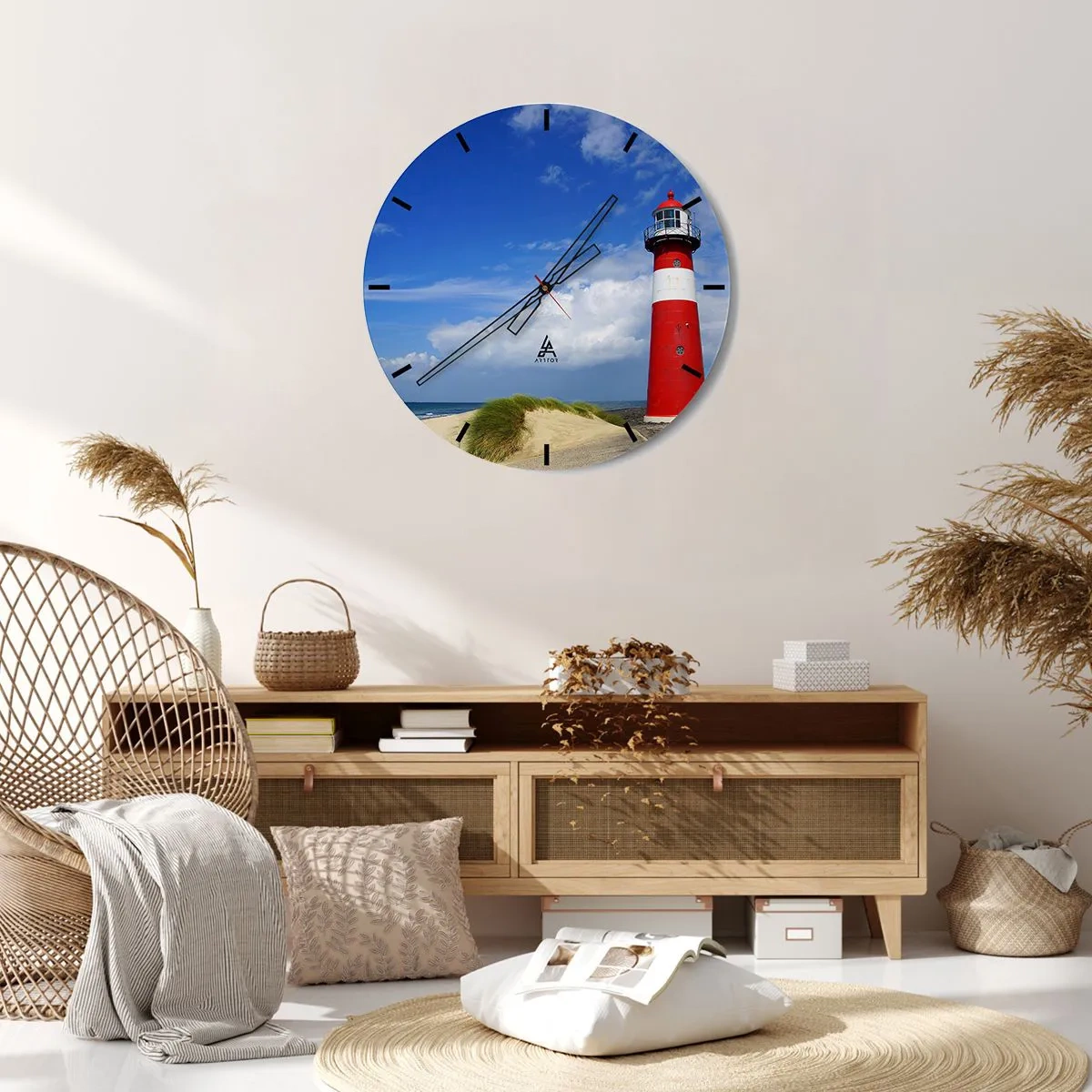 Zegar ścienny - Czerwono-biała latarnia na tle błękitnego nieba - 30x30cm - Wymarzona samotnia - Nowoczesna dekoracja ścienna do salonu, kuchni i sypialni ARTTOR
