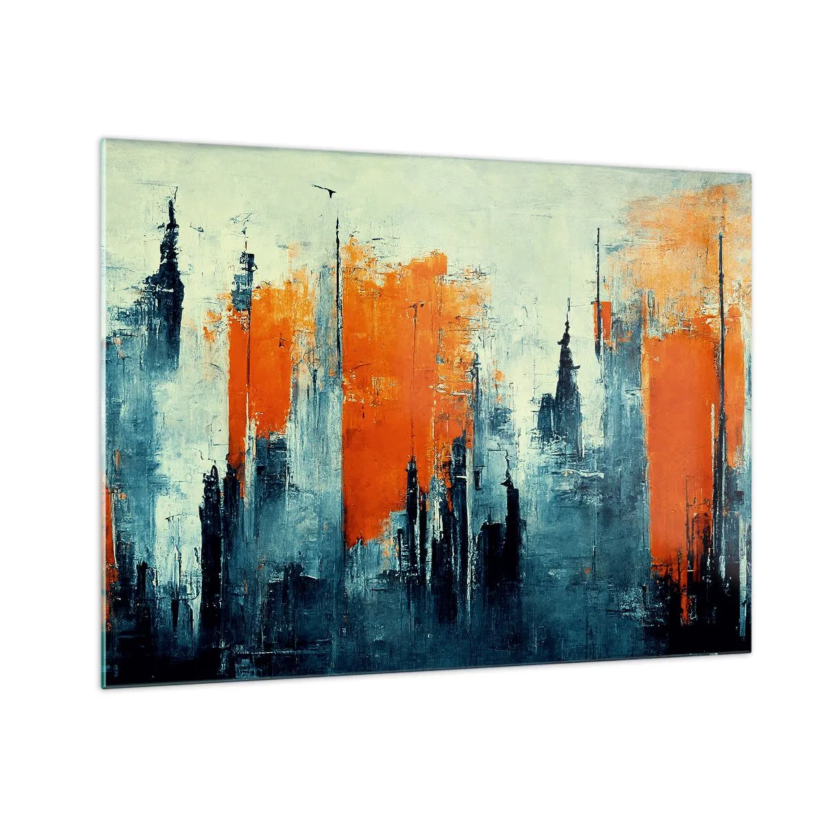 Obraz na szkle - Nowoczesna panorama miasta w odcieniach szarości i pomarańczu - 70x50cm - Pejzaż nowoczesny - Nowoczesna dekoracja ścienna do salonu i sypialni ARTTOR