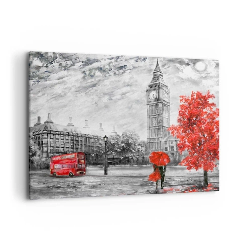 Obraz na płótnie - Ikoniczny widok Londynu z Big Benem, czerwonym autobusem i parasolką - 120x80cm - Ekscytujący dzień - Nowoczesna dekoracja ścienna do salonu, kuchni i sypialni ARTTOR