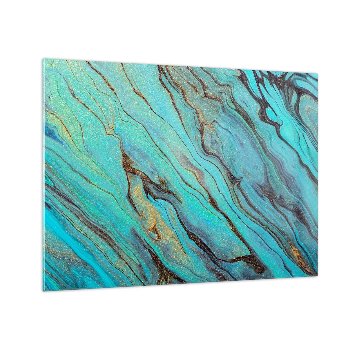 Obraz na szkle - Abstrakcyjne smugi w turkusowej i złotej kolorystyce - 70x50cm - Turkusowy przypływ - Nowoczesna dekoracja ścienna do salonu i sypialni ARTTOR