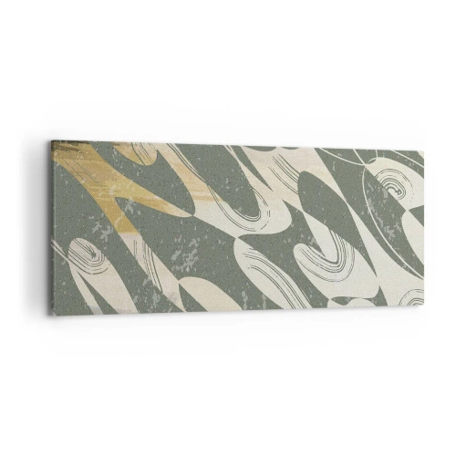 Obraz na płótnie - Dynamiczne kształty w zielonych i złotych odcieniach - 120x50cm - Abstrakcja zrytmizowana - Nowoczesna dekoracja ścienna do salonu i sypialni ARTTOR