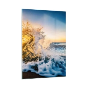 Obraz na szkle - Fala uderzająca o brzeg oświetlona promieniami zachodu - 50x70cm - Zabawa na piasku - Nowoczesna dekoracja ścienna do salonu, kuchni i sypialni ARTTOR