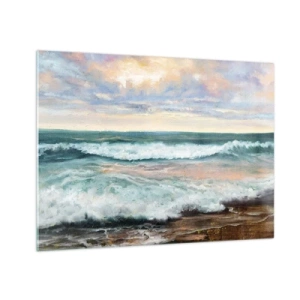 Obraz na szkle - Obraz malarski przedstawiający fale uderzające o brzeg - 70x50cm - Tutaj wygładzisz duszę - Nowoczesna dekoracja ścienna do salonu i sypialni ARTTOR