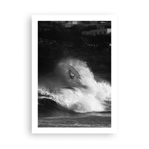 Plakat - Czarno-biały surfer w akcji na wzburzonych falach - 50x70cm - Wyzwanie przyjęte! - Nowoczesna dekoracja ścienna do salonu, kuchni i sypialni ARTTOR