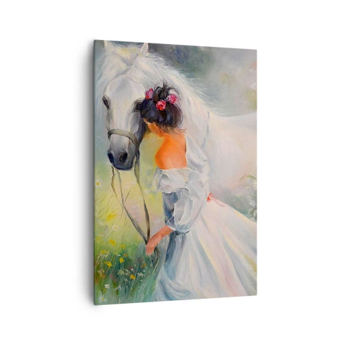 Obraz na płótnie - Kobieta z białym koniem w malowniczej scenerii - 70x100cm - Jak z pięknego snu - Nowoczesna dekoracja ścienna do salonu i sypialni ARTTOR