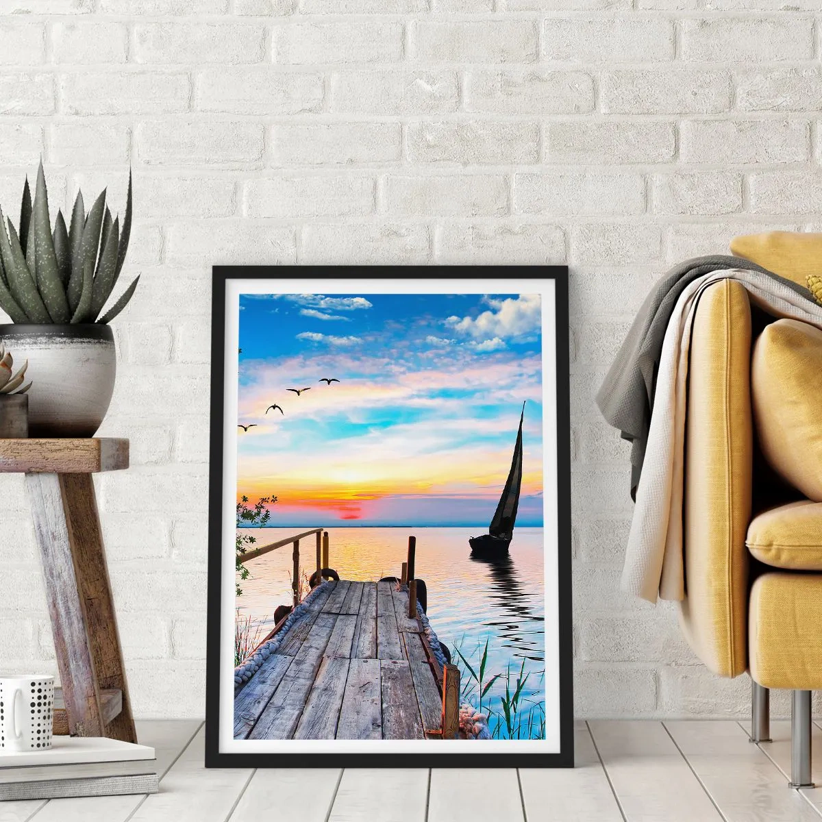 Plakat w czarnej ramie - Pomost nad jeziorem o zachodzie słońca - 50x70cm - Dobry wieczór - Nowoczesna dekoracja ścienna do salonu i sypialni ARTTOR