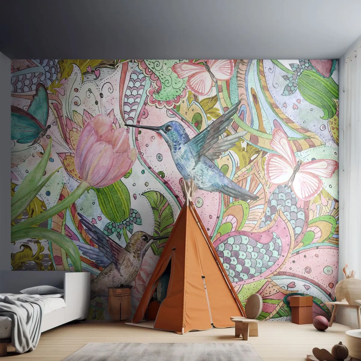 Fototapeta Samoprzylepna Deluxe Sticker - Wplątane w pnączach - Kwiaty, Ptak, Motyl - 250x175 cm