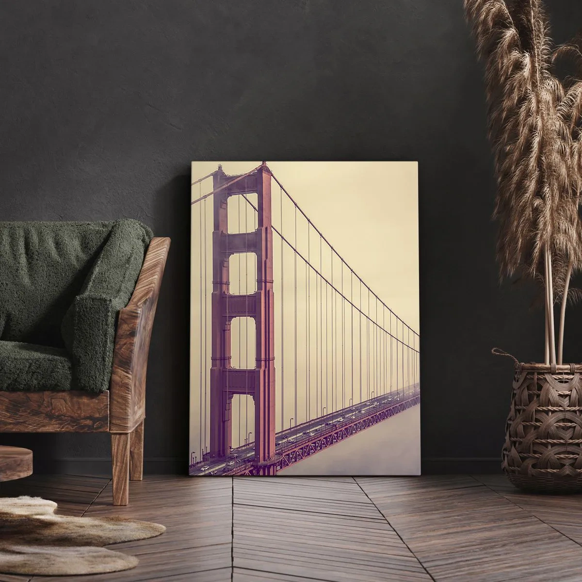 Obraz na płótnie - Golden Gate Bridge w delikatnej mgiełce o ciepłym odcieniu vintage - 50x70cm - Między niebem a ziemią - Nowoczesna dekoracja ścienna do salonu, kuchni i sypialni ARTTOR