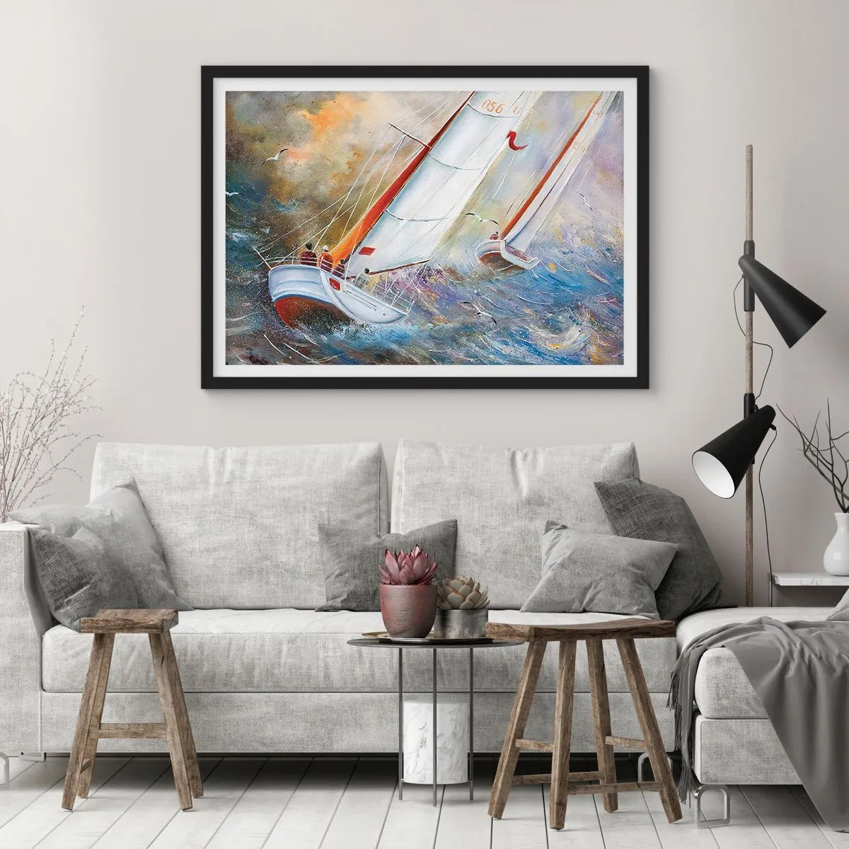 Plakat w czarnej ramie - Żaglówki na wzburzonych falach w dynamicznej kompozycji - 70x50cm - Biegnące po falach - Nowoczesna dekoracja ścienna do salonu i sypialni ARTTOR
