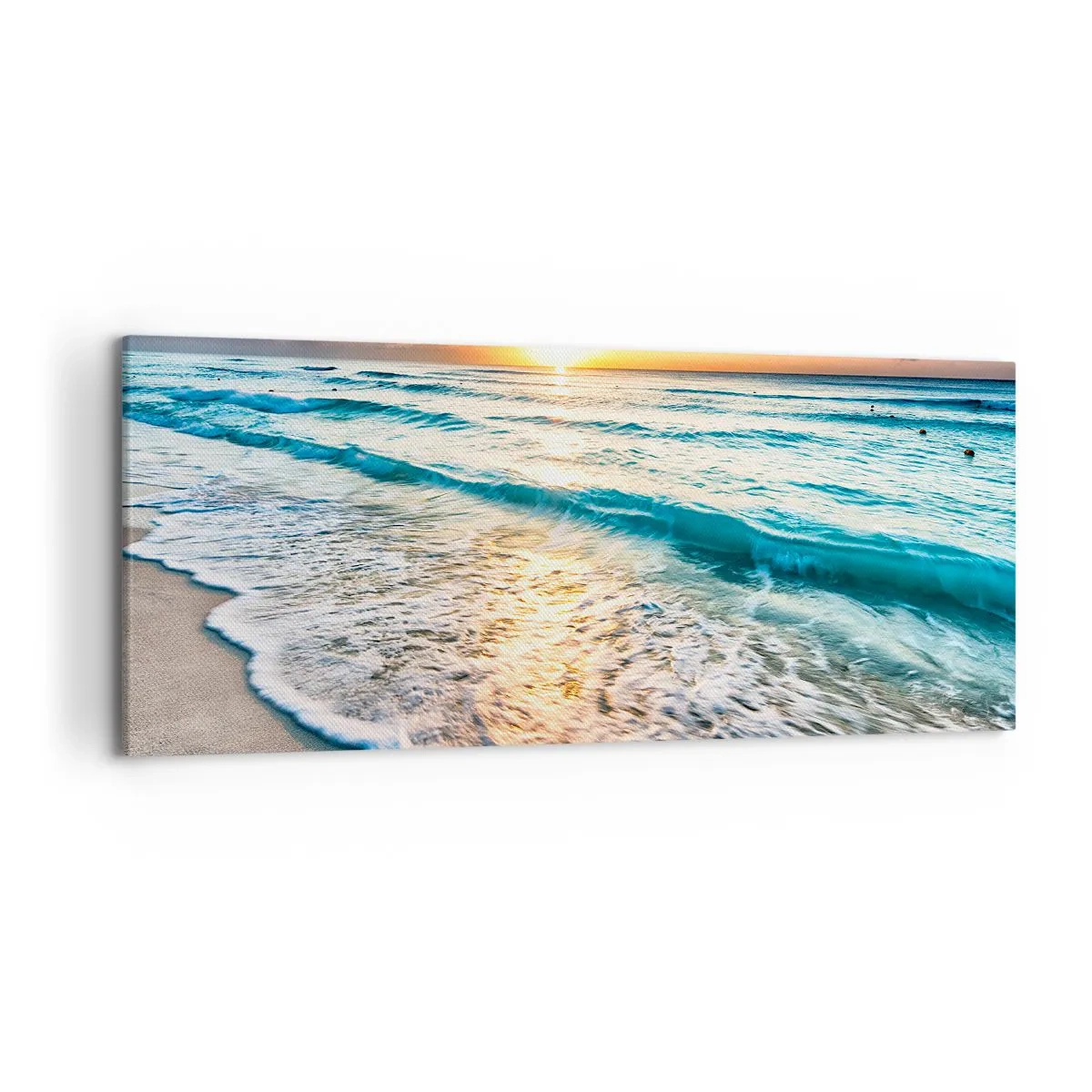 Obraz na płótnie - Wschód słońca nad spokojną plażą z falami - 120x50cm - Widok wart zachodu - Nowoczesna dekoracja ścienna do salonu i sypialni ARTTOR