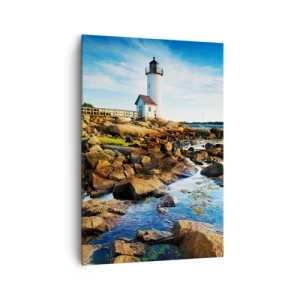 Obraz na płótnie - Latarnia morska na skalistym wybrzeżu w słoneczny dzień - 70x100cm - Wracajcie szczęśliwie, czekam - Nowoczesna dekoracja ścienna do salonu i sypialni ARTTOR