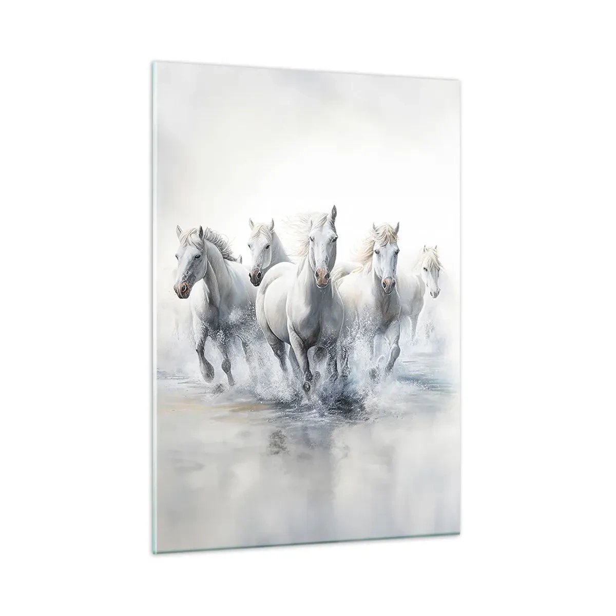 Obraz na szkle - Białe konie galopujące przez wodę w dynamicznej kompozycji - 50x70cm - Biała magia - Nowoczesna dekoracja ścienna do salonu, kuchni i sypialni ARTTOR