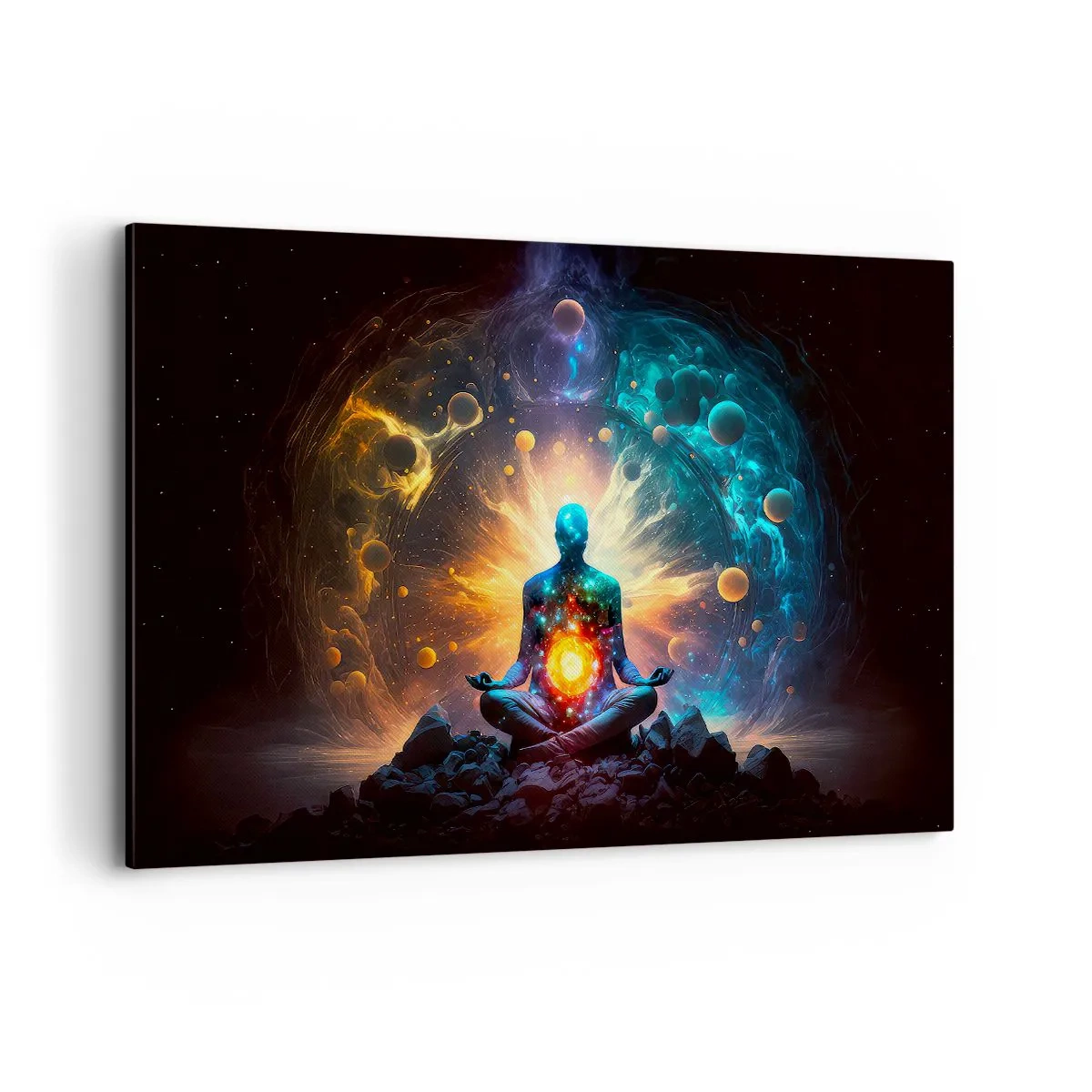 Obraz na płótnie - Postać w medytacji otoczona kosmiczną aurą - 120x80cm - Kosmiczny spokój - Nowoczesna dekoracja ścienna do salonu, kuchni i sypialni ARTTOR