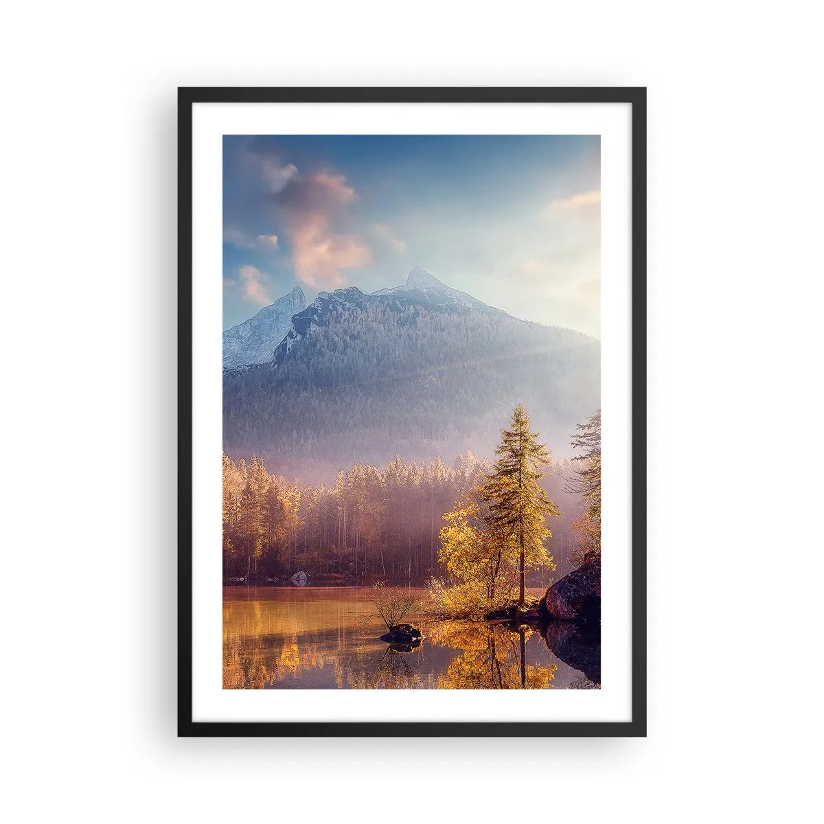 Plakat w czarnej ramie - Jesienny krajobraz górski z odbiciem w jeziorze - 50x70cm - W górach i dolinach - Nowoczesna dekoracja ścienna do salonu i sypialni ARTTOR