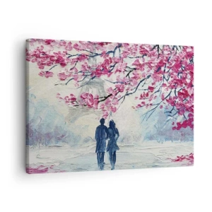 Obraz na płótnie - Para pod kwitnącymi różowymi drzewami w romantycznej scenerii - 70x50cm - Romantyczny spacer - Nowoczesna dekoracja ścienna do salonu i sypialni ARTTOR