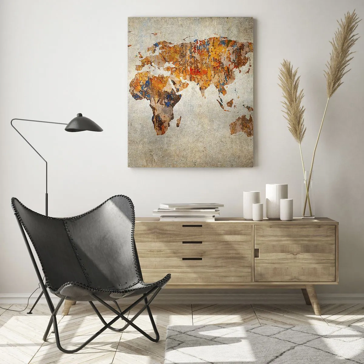 Obraz na szkle - Artystyczna mapa świata w ciepłych odcieniach - 50x70cm - Naprawdę wielki świat - Nowoczesna dekoracja ścienna do salonu, kuchni i sypialni ARTTOR