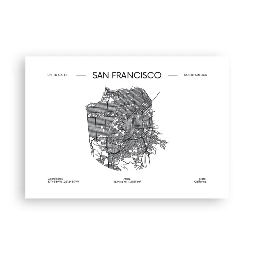 Plakat - Mapa San Francisco w czarno-białym stylu minimalistycznym - 100x70cm - Anatomia San Francisco - Nowoczesna dekoracja ścienna do salonu i sypialni ARTTOR