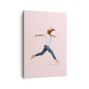 Obraz na płótnie - Postać biegnąca z głową kaczki na różowym tle - 50x70cm - Szczypta absurdu - Nowoczesna dekoracja ścienna do salonu, kuchni i sypialni ARTTOR