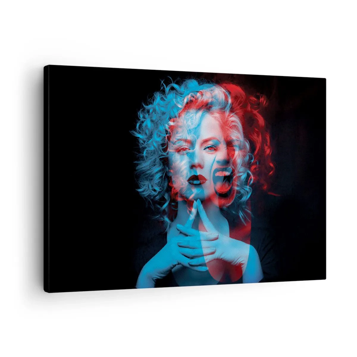 Obraz na płótnie - Podwójny portret kobiety w czerwieni i błękicie - 70x50cm - Alter ego - Nowoczesna dekoracja ścienna do salonu i sypialni ARTTOR